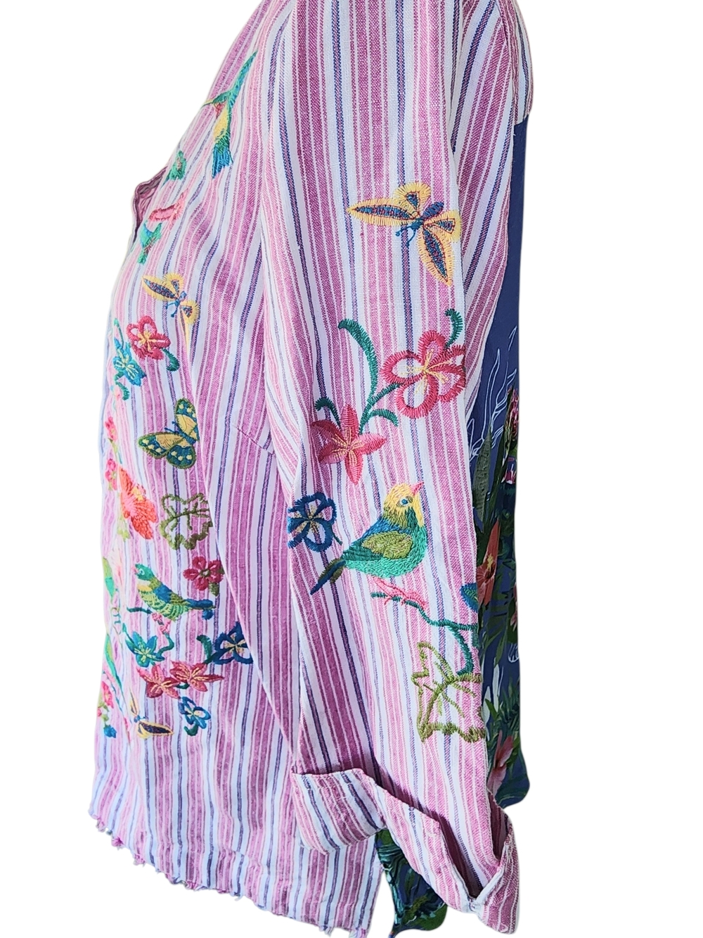 Embroidery John Mark Pink Striped Tunic with Multicolor Floral & Bird. - Picture 7 of 12
